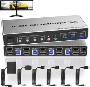4 Port HDMI Dual Monitor USB 3.0 KVM Switch 4K 60Hz, KVM Switch 2 Monitors for 4PCs Supports EDID, HDMI KVM Switch 4 Computers with Audio Microphone Output and 3 USB 3.0 Ports, 4 in 2 Out KVM 4 Port HDMI Dual Monitor USB 3.0 KVM Switch 4K 60Hz, KVM Switch 2 Monitors for 4PCs Supports EDID, HDMI KVM Switch 4 Computers with Audio Microphone Output and 3 USB 3.0 Ports, 4 in 2 Out KVM