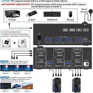 2 Displayport + HDMI Triple Monitor USB 3.0 KVM Switch 3 Monitors 2 Computers, 8K@60Hz, 4K@144Hz Triple KVM Switch with 4 USB 3.0 Ports, KVM Triple Monitor Keyboard Mouse Switcher,Included KVM Cables 2 Displayport + HDMI Triple Monitor USB 3.0 KVM Switch 3 Monitors 2 Computers, 8K@60Hz, 4K@144Hz Triple KVM Switch with 4 USB 3.0 Ports, KVM Triple Monitor Keyboard Mouse Switcher,Included KVM Cables
