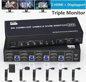 KVM Switch 3 Monitors 4 Computers 8K@60Hz 4K@144Hz, 2 HDMI +1 DisplayPort Triple Monitor KVM Switch for 4 Computer with Audio and 3 USB 3.0 Ports, USB 3.0 KVM Triple Monitor Keyboard Mouse Switcher KVM Switch 3 Monitors 4 Computers 8K@60Hz 4K@144Hz, 2 HDMI +1 DisplayPort Triple Monitor KVM Switch for 4 Computer with Audio and 3 USB 3.0 Ports, USB 3.0 KVM Triple Monitor Keyboard Mouse Switcher