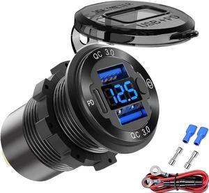 12V USB Outlet Wire Aluminum Car Charger Multi Port, Dual USB Quick Charge 3.0 Port and PD USB C Socket with Voltmeter Switch for Car Boat Marine Truck RV, Fast Charge for iPhone iPad Android Phones