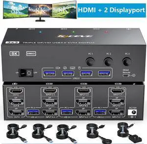 KVM Switch 3 Computers 3 Monitors, HDMI + 2 DisplayPort USB 3.0 KVM Switcher, 8K@30Hz/4k@144Hz Triple Monitor DP KVM for 3 PC Share 3 Display and 4 USB 3.0 Devices, Wired Remote Included