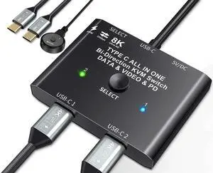 USB C Switch, Bi-Directional USB C Switcher 2 Computers, USB Type C KVM Switch 8K@60Hz 4K@120Hz Video/10Gbps Data Transfer/100W Charging,Compatible with Thunderbolt Device, 2 USB-C Cables Included