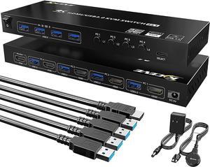 USB 3.0 HDMI KVM Switch 4 Port Support 4K @60Hz RGB 4:4:4, USB Hub HDR EDID HDMI USB Switch 4 in 1 Out and 4 USB 3.0 Port for Keyboard Mouse Printer, with Controller, USB 3.0 Cables and HDMI-Cable