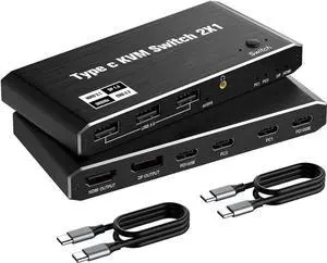 USB C KVM Switch 8K @60Hz 4K @120Hz, 2 Port Type C KVM Switch for 2 Computers Share 1 Monitor [HDMI + DisplayPort Output], USB C KCM with 3 USB 2.0 Ports & 100W Power Delivery, 2 USB-C Cables Included