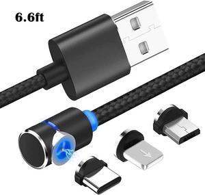 6.6ft 90 Degree Magnetic 3 in 1 Charging Cable USB Charger Cable Micro USB/Type C/L Connectors Magnetic Led Indicator for All Cell Phones Universa Charger Cable Multiple Charger Cable (Black)