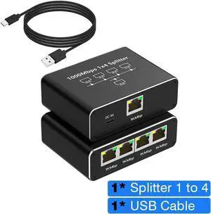 RJ45 Ethernet Splitter 1 to 4 Out, 1000Mbps Network Splitter with USB Power Cable, Gigabit LAN Internet Splitter Connector for Cat 5/5e/6/7/8, Support Two Devices Working Simultaneously