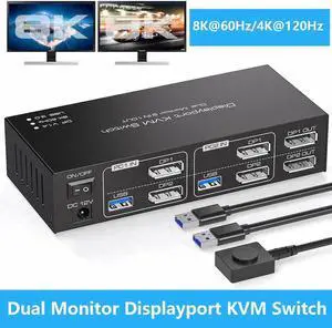[Dual Monitor] 8K@60Hz Displayport KVM Switch 2 Computers 2 Monitors 4K@120Hz USB 3.0 DP KVM Switcher 2 PC Share Keyboard Mouse Printer and Scanner Support Extended & Duplicate Mode