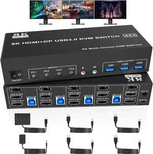 8K@60Hz 1 Displayport +2 HDMI USB 3.0 KVM Switch 3 Monitors 4 Computers, 2 HDMI 2.1 + DP 1.4 Triple Monitor KVM Switch with Audio Microphone + 3 USB3.0 Ports, Triple Monitor Keyboard Mouse Switcher 8K@60Hz 1 Displayport +2 HDMI USB 3.0 KVM Switch 3 Monitors 4 Computers, 2 HDMI 2.1 + DP 1.4 Triple Monitor KVM Switch with Audio Microphone + 3 USB3.0 Ports, Triple Monitor Keyboard Mouse Switcher