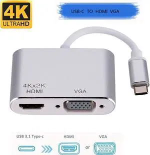 USB C to HDMI VGA Adapter USB C Hub with 4K HDMI, 1080P VGA, 2 Screens Same Display,Compatible with MacBook Pro/Air/ipad Pro 2018/Dell XPS/Nintendo Switch/Samsung More-Silver