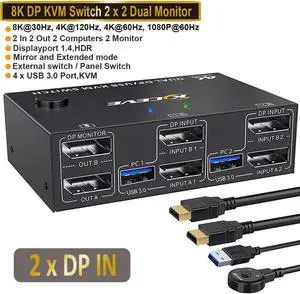 USB 3.0 DP KVM Switch for 2 PC 2 Monitors, 8K @30Hz 4K @144Hz Extended Display, 2 in 2 Out Dual Monitor Displayport 1.4 KVM Switch for 4 USB Devices Mouse Keyboard, with 2 USB3.0 and 2 DP Cables