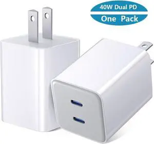 Dual USB C Fast Charger 40W, Dual 20W Type C Wall Charger Fast Charging Block USB-C Power Adapter Plug Wall Charger Block Compatible i-P-h-o-n-e 14/13/12, i-P-a-d Pro/Air/Mini etc - White