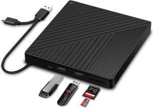 External DVD CD Drive, USB 3.0 Type-C Portable CD/DVD ROM +/-RW Drive/DVD Player Rewriter Burner with 2 USB, SD/TF Port, Micro USB, Compatible with Laptop Desktop PC Windows Apple Mac