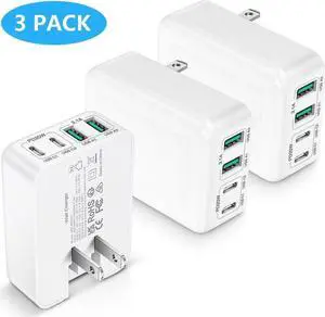 USB C Wall Charger [3 Pack], Slim Fast Charging Block, 40W 4-Port USB C Charger Block Type C Power Adapter with Foldable Plug Compatible for i-Phone Android Cellphones Tablet PC.. (White)