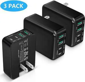 Flat USB C Wall Charger [3 Pack], Slim Fast Charging Block, 40W 4-Port USB C Charger Block Type C Power Adapter with Foldable Plug Compatible for i-Phone Android Cellphones Tablet PC.. (Black)