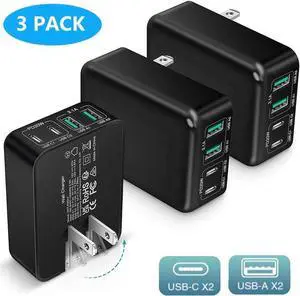 3-Pack USB C Wall Charger Block, Flat USB C Charger, 40W 4-Port PD QC 3.0 Slim Fast Charging Block with Foldable Plug Type C Power Adapter Brick for i-Phone, Android Cell Phones, Tablet etc.