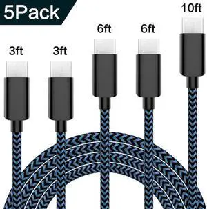 USB Type C Cable 5Pack (3/3/6/6/10FT) Nylon Braided USB C Cable Fast Charger Charging Cord Compatible Samsung Galaxy S9 S8 Note 9 Note 8 Plus,LG V30 G6 G5 V20,Google Pixel, Moto Z2 (Blue)
