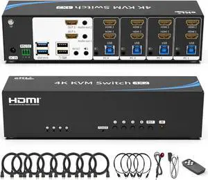Real Seamless Switching USB 3.0 HDMI KVM Switch Dual Monitors 4 Computers 4K@30Hz, 4 Port Extended Display, 3.5mm Audio, EDID Emulators, Button, Hotkey, Remote Control, Mouse, RS232 Code Switching