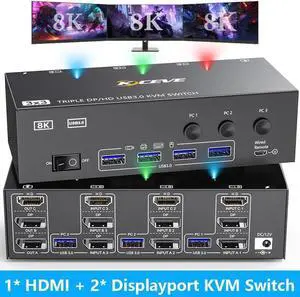 KVM Switch 3 Monitors 3 Computers, 8K@60Hz 4K@144Hz Triple Monitor HDMI + 2 DP KVM Switch, 1 HDMI + 2 Displayport KVM Switch with 4 USB 3.0 Ports, 3 Monitor KVM with Power Adapter, Wired Remote