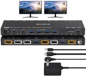 DP KVM Switch 2 Monitors 2 Computers Displayport with Audio, 8K@30Hz 4K@144Hz USB 3.0 Dual Monitor Displayport KVM Switch, KVM/USB Mode Share 4 USB Devices, with Wired Control and Power Adapter