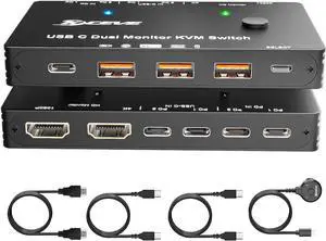 USB C KVM Switch 4K/1080P@60Hz, USB C Dual Monitor HDMI KVM Switch for 2 Laptop Sharing 2 Monitor and 10Gbps 4 USB3.0 Devices, 100W PD for 2 Laptop with Wired Remote Control and USB Cables