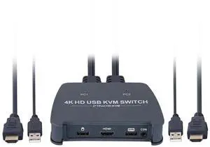 4K HDMI KVM Switch, 2-Port Full HD KVM Switch with Cables - 4K@60Hz HDMI KVM Switch 1 Monitors 2 Computers- Plug-and-Play - Share Mouse Keyboard and 1 Screens and Extended Controller