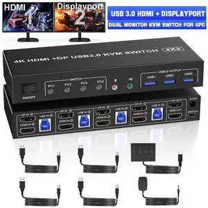 USB 3.0 Displayport+HDMI KVM Switch 2 Monitors 4 Computers, 4K@60Hz KVM Switch with Audio Microphone and 3 USB 3.0 Ports, 4 Port HDMI+DP Dual Monitor KVM Switch for 4 PCs, with Wired Remote USB 3.0 Displayport+HDMI KVM Switch 2 Monitors 4 Computers, 4K@60Hz KVM Switch with Audio Microphone and 3 USB 3.0 Ports, 4 Port HDMI+DP Dual Monitor KVM Switch for 4 PCs, with Wired Remote