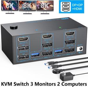 KVM Switch 3 Monitors 2 Computers, 2 Displayport + 1 HDMI Triple Monitor USB 3.0 KVM Switches, DP 1.4 Supports 8K@30Hz/4K@144Hz, HDMI Supports Max 8K@60Hz/4K@120Hz with Wired Remote Control