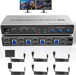 USB 3.0 HDMI KVM Switch 4 Computers 2 Monitors, Supports EDID, 4K@60Hz KVM Switch HDMI 2 Monitor 4 PC with Audio Microphone and 3 USB 3.0 Ports, 4 Port HDMI Dual Monitor KVM Switch for 4PCs