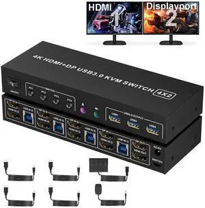 HDMI + DP KVM Switch 2 Monitors 4 Computers, Dual Monitor HDMI + Displayport USB 3.0 KVM Switches 4K@60Hz, KVM Switches Support Extended/Mirror Mode Share 3 USB 3.0 Port with Desktop Controller