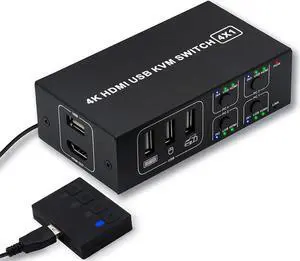 4x1 HDMI KVM Switch 4 Port,USB Switch 4 Computers Share with 1 Monitor HD 4K @60Hz One-Button Switch hdmi switch, 4 In 1 Out HDMI KVM Switcher with 4 USB Cable 1 Switch Button&Cable 1 Power Cable