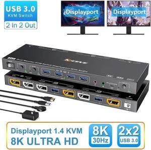 Voice Controlled Dual Monitor Displayport KVM Switch 2 Monitors 2 Computers 8K@30Hz 4K@144Hz, USB 3.0 DP KVM Switch 2 in 2 Out with Audio and 4 USB 3.0 Port, Support KVM Mode and USB Mode