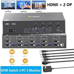 HDMI + 2 DisplayPort KVM Switch 3 Monitors 4 Computers, USB 3.0 2 DP + HDMI 8K@30Hz/4K@144Hz Triple Monitors KVM Switcher for 4 PCs Share 3 Display and 4 USB 3.0 Devices, Wired Remote included
