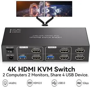 HDMI KVM Switch 2 Monitors 2 Computers 4K@60Hz Dual Monitor HDMI USB 3.0 KVM Switch for 2 Computers share 4 USB USB 3.0 Devices Support Copy & Extend Mode with 12V DC Power Supply & Cable