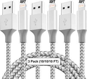 [M-Fi Certified] Upgrade USB Cable for iPhone Charger [3Pack] 10FT/3M USB Cable Fast Charging Nylon Braided Syncing Long Cord Compatible with iPhone 13/12/11/Pro/XS/Max/XR/X/8/8P/7 and More
