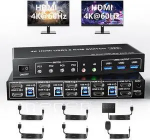 USB 3.0 HDMI KVM Switch 4 Computers, Supports EDID, 4K@60Hz Dual Monitor HDMI KVM Switches for 4 PCs with 3 USB 3.0 and Audio Microphone Ports, 4 Port HDMI KVM Switch 4 in 2 Out for 4PCs