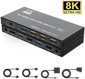 USB 3.0 HDMI KVM Switch 1 Monitor 2 Computers, Support 8K@60Hz 4K@120Hz, HDMI KVM Switches for 2 Computers Sharing Monitor Keyboard Mouse Printer, with EDID Adaptive, 2 USB Cable & Controller