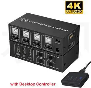 HDMI KVM Switch 4 in 1 Out 4K@60Hz, 4 Port HDMI KVM Switch for 4 Computers Share 1 Monitor Keyboard Mouse Hard Drives Printer, with 3 USB Ports, Included 4 USB-A Cables and Desktop Controller