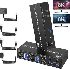 8K@60Hz USB 3.0 Dual Monitor HDMI KVM Switch, HDMI KVM Switch for 2 Monitors 2 Computers with 3 USB3.0 Ports, Extended Display Switcher with Audio Microphone, PC Monitor Keyboard Mouse Switcher