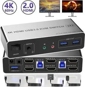 HDMI Dual Monitor KVM Switch 2 Computers 2 Monitors 4K@60Hz, EDID Emulators HDMI USB KVM Switcher for 2 PCs Share Dual Monitors and 3 USB 3.0 Ports with Audio Microphone, Extended & Mirror Mode