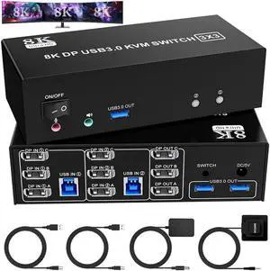 8K@60Hz Displayport KVM Switch 3 Monitors 2 Computers, 4K@144Hz Triple Monitor DP 1.4 KVM Switch with 3 USB 3.0 Ports Sharing Keyboard and Mouse, Printer/Hard Drives, with Desktop Controller 8K@60Hz Displayport KVM Switch 3 Monitors 2 Computers, 4K@144Hz Triple Monitor DP 1.4 KVM Switch with 3 USB 3.0 Ports Sharing Keyboard and Mouse, Printer/Hard Drives, with Desktop Controller
