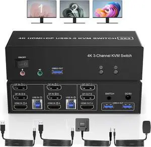HDMI + 2 Displayport USB 3.0 KVM Switch Triple Monitor for 2 Computers, 4K@60Hz KVM Switch 2 Computers 3 Monitors with Audio Microphone Output and 3 USB 3.0 Ports, Keyboard Mouse Switcher