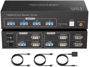 HDMI KVM Switch 2 Monitors 2 Computers 4K@60Hz HDMI Dual Monitor KVM Switches for Dual PC or Laptops Share 1 Set of Keyboard Mouse Printer Wired Controller and 12V 1A DC Adapter Included