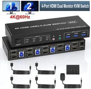 USB 3.0 HDMI Dual Monitor KVM Switch for 4 PCs, Supports EDID, 4K 60Hz KVM Switch 2 Monitors 4 Computers, with Audio Microphone Output & 3 USB 3.0 Ports, 4 PC 2 Monitor Keyboard Mouse Switcher