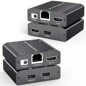 HDMI USB KVM Extender Over Cat 6/7 1080P@60Hz KVM Extender 150M/492FT HDMI Over Ethernet Transmitter Receiver Support Keyboard Mouse,No Latency POC Function Single Power Supply