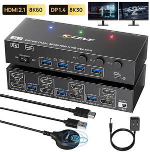 Displayport + HDMI KVM Switch 2 Monitors 3 Computers, Dual Monitor HDMI+DP USB 3.0 KVM Switcher Supports 4K@144Hz 8K@60Hz for 3 Computers Share Keyboard Mouse, with Wired Remote, Power Adapter