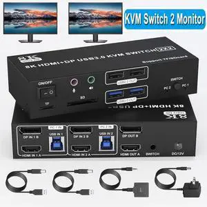Displayport + HDMI KVM Switch 2 Monitors 2 Computers, 8K@60Hz 4K@120Hz Dual Monitor HDMI + DP KVM Switcher for 2 Computers Share Dual Monitor, 4 USB Devices, Audio Microphone and SD TF Card