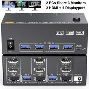 1 Displayport + 2 HDMI Triple Monitor KVM Switch 2 Computers 3 Monitors, 8K@60Hz 4K@144Hz HDMI+DP USB 3.0 Switch Extended Display 3 Monitors 2 Computers KVM with USB 3.0 Cables Wired Controller