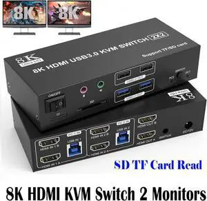 Dual Monitor HDMI KVM Switch 2 Monitors 2 Computers, 8K@60Hz 4K@120Hz KVM Switcher for 2 Computers Share 2 Monitor, 4 USB Devices, Audio Microphone and SD TF Card, DC 12V & Wired Controller