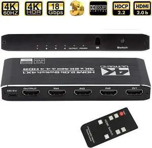 4K HDMI Switch 4x1, 4 Port HDMI Selector Switcher 4 in 1 Out with IR Remote Control Support 4K@60Hz, 4Kx2K, HDR, HDMI 2.0b, HDCP 2.2, 3D, 1080P