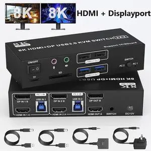 HDMI + Displayport KVM Switch 2 Monitors 2 Computers, 8K@60Hz 4K@120Hz Dual Monitor KVM Switcher for 2 Computers Share 2 Monitor, 4 USB Devices, Audio Microphone Output and SD TF Card Reader